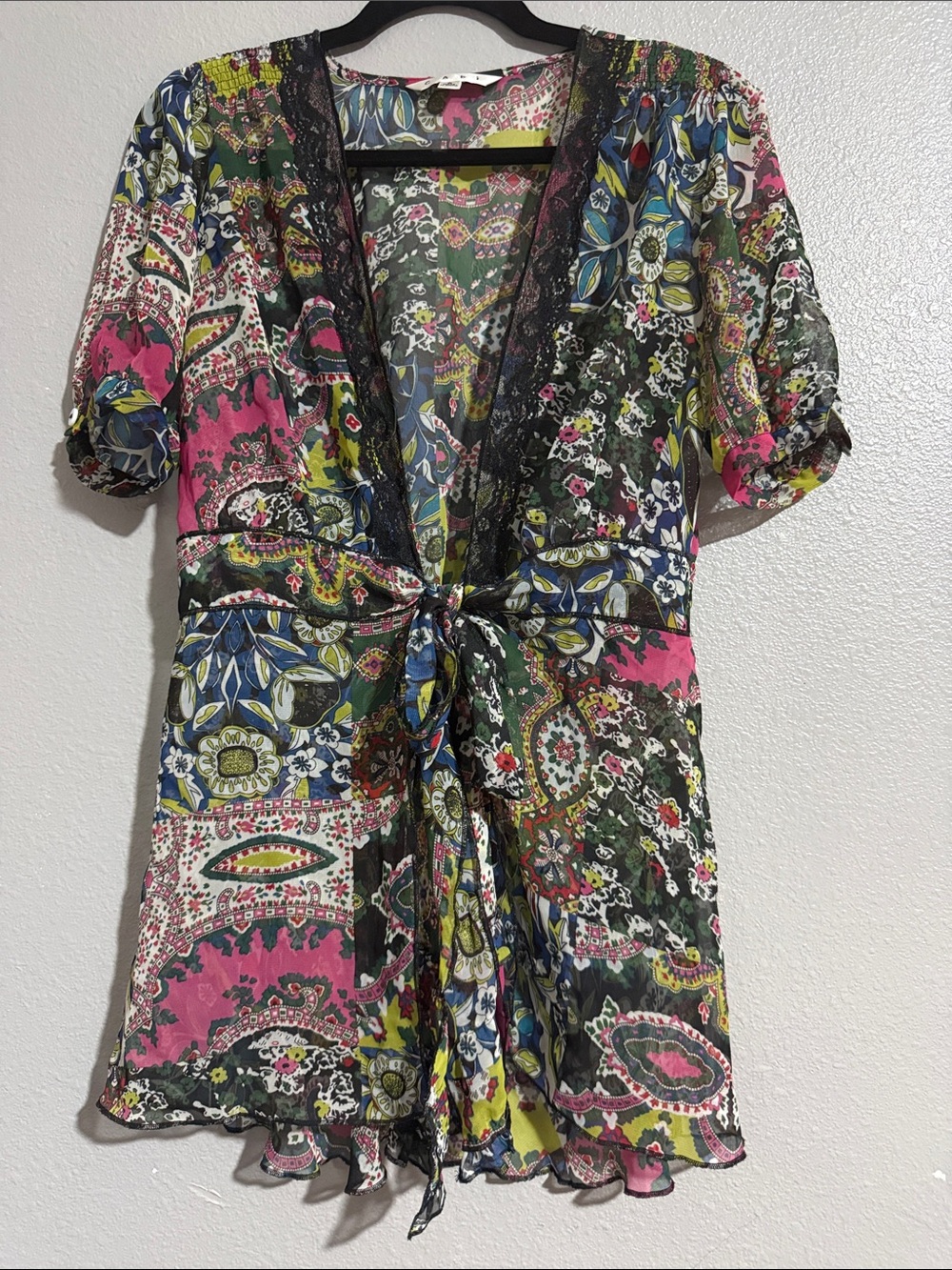 CAbi sheer Pink & Green Floral Tie-Front Blouse